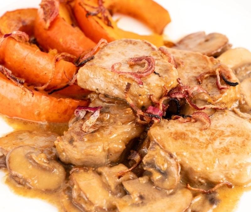 Keto Pork Medallions with Creamy Mushroom Sauce and Roasted Pumpkin